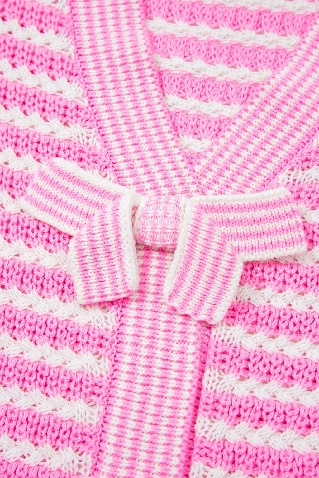 Pink Stripe Short Sleeve Knit V Neck Bow Knot Sweater