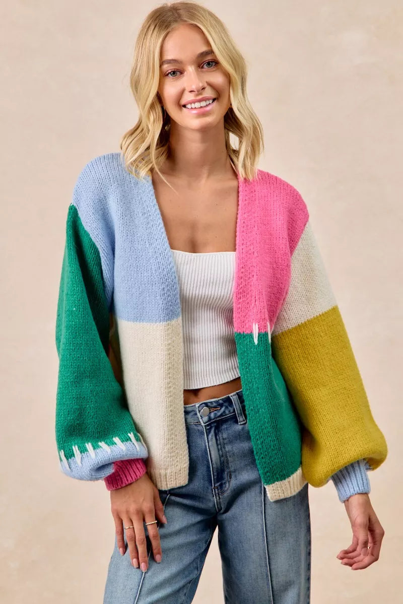 BiBi Color Block Open Front Sweater Cardiga