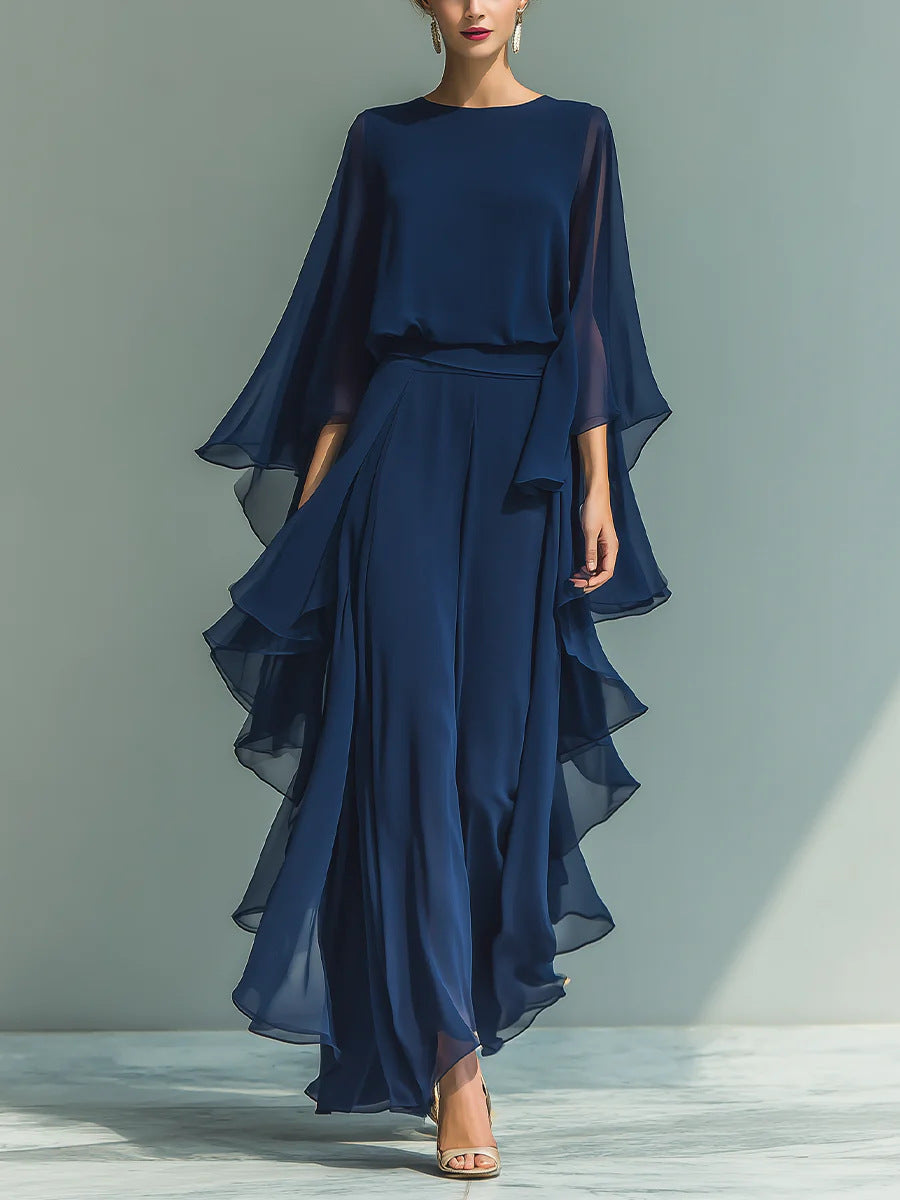 Hosenanzug mit Rüschenkante und weitem Bein – Elegantes zweiteiliges Outfit für Damen mit langen Ärmeln