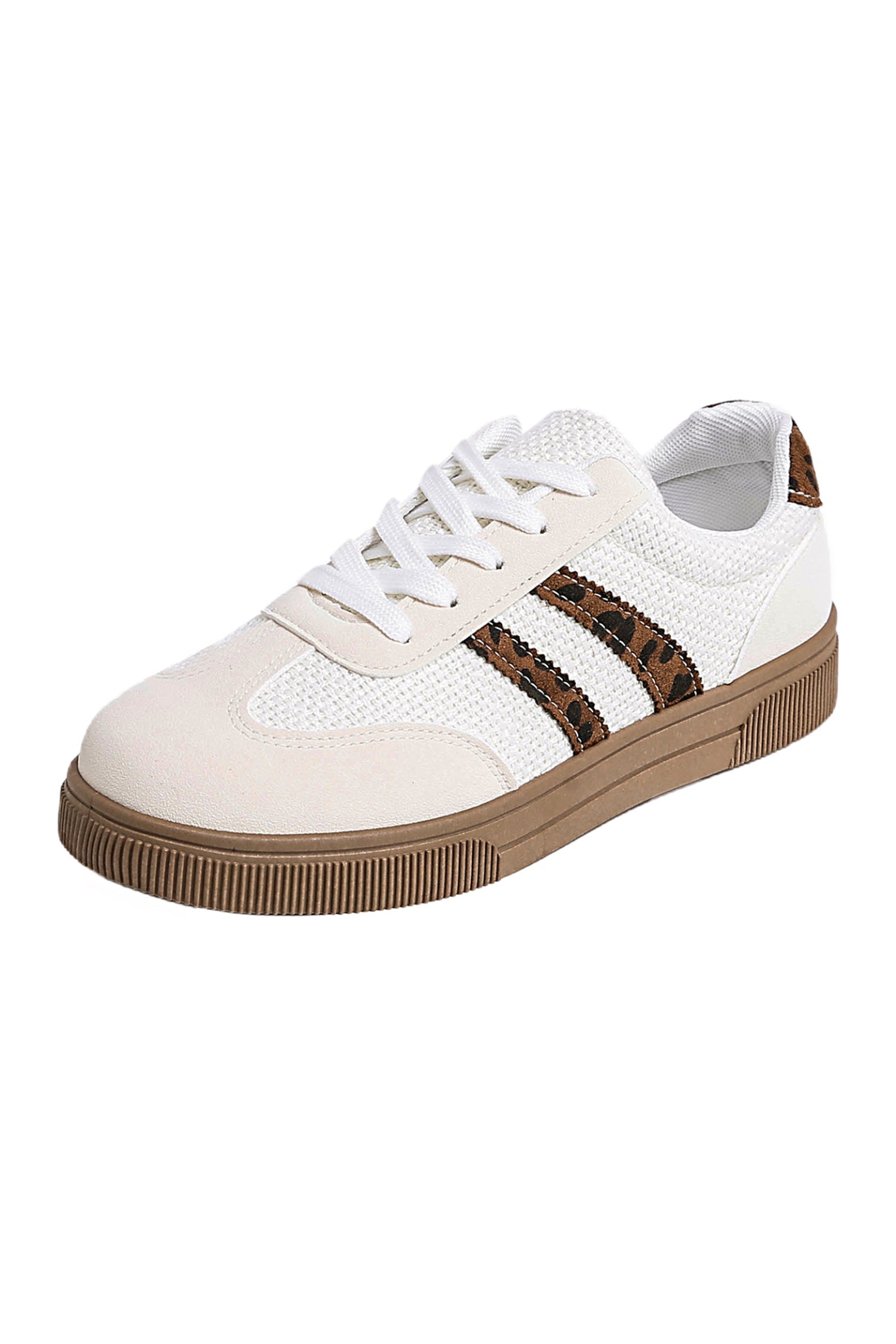 Coffee Textured Woven PU Leather Leopard Patchwork Flat Sneakers