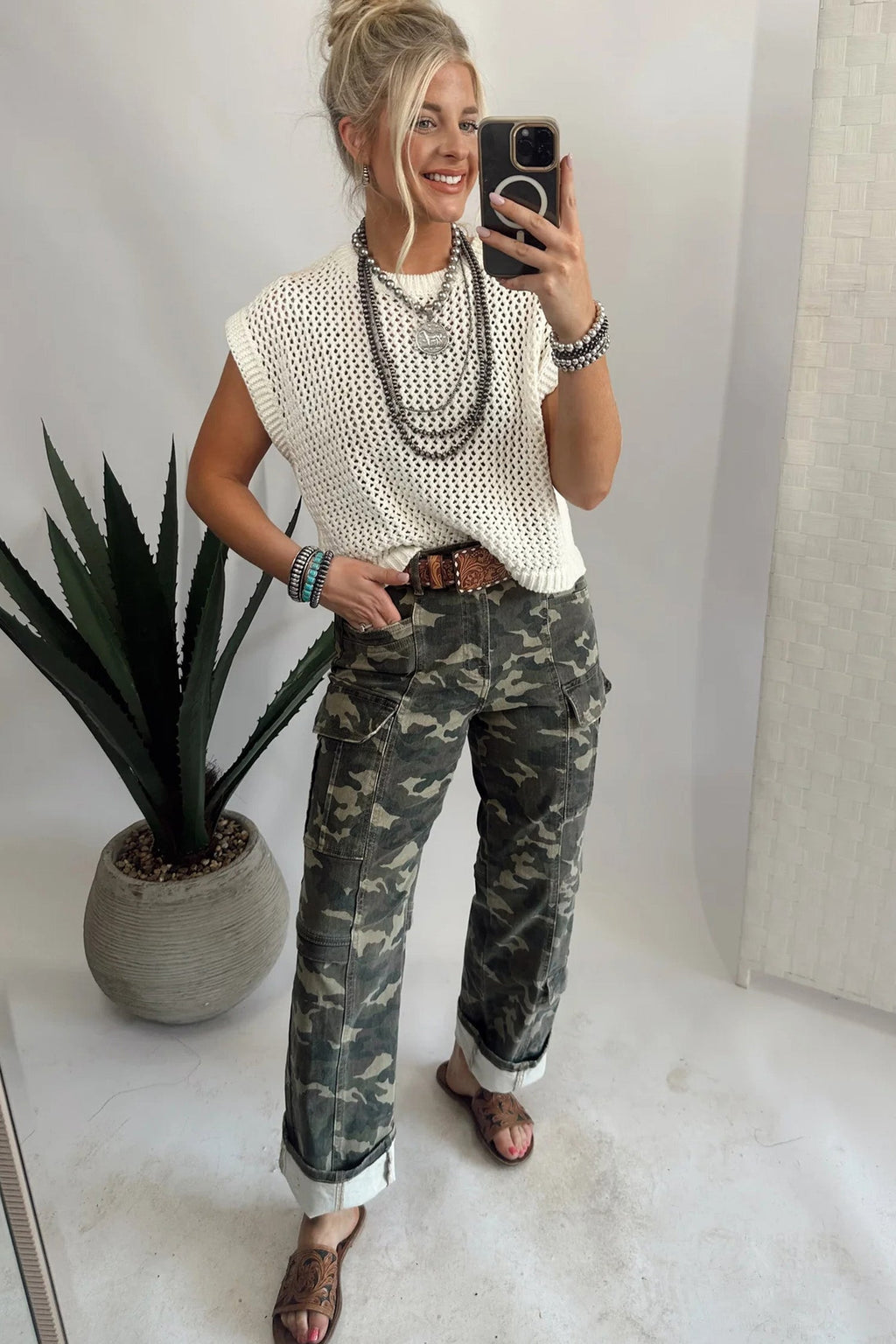 Green Camouflage Print Multi Pocketed Womens Denim Pants