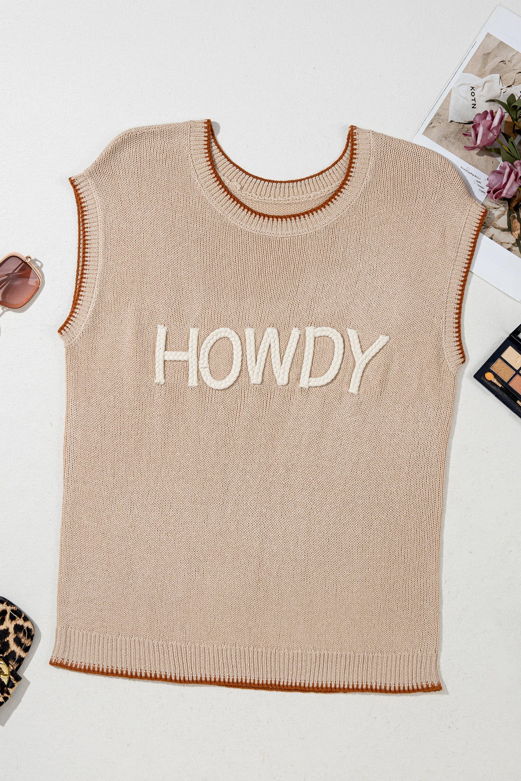 Parchment Contrast Trim Short Sleeve Knit HOWDY Western Sweater