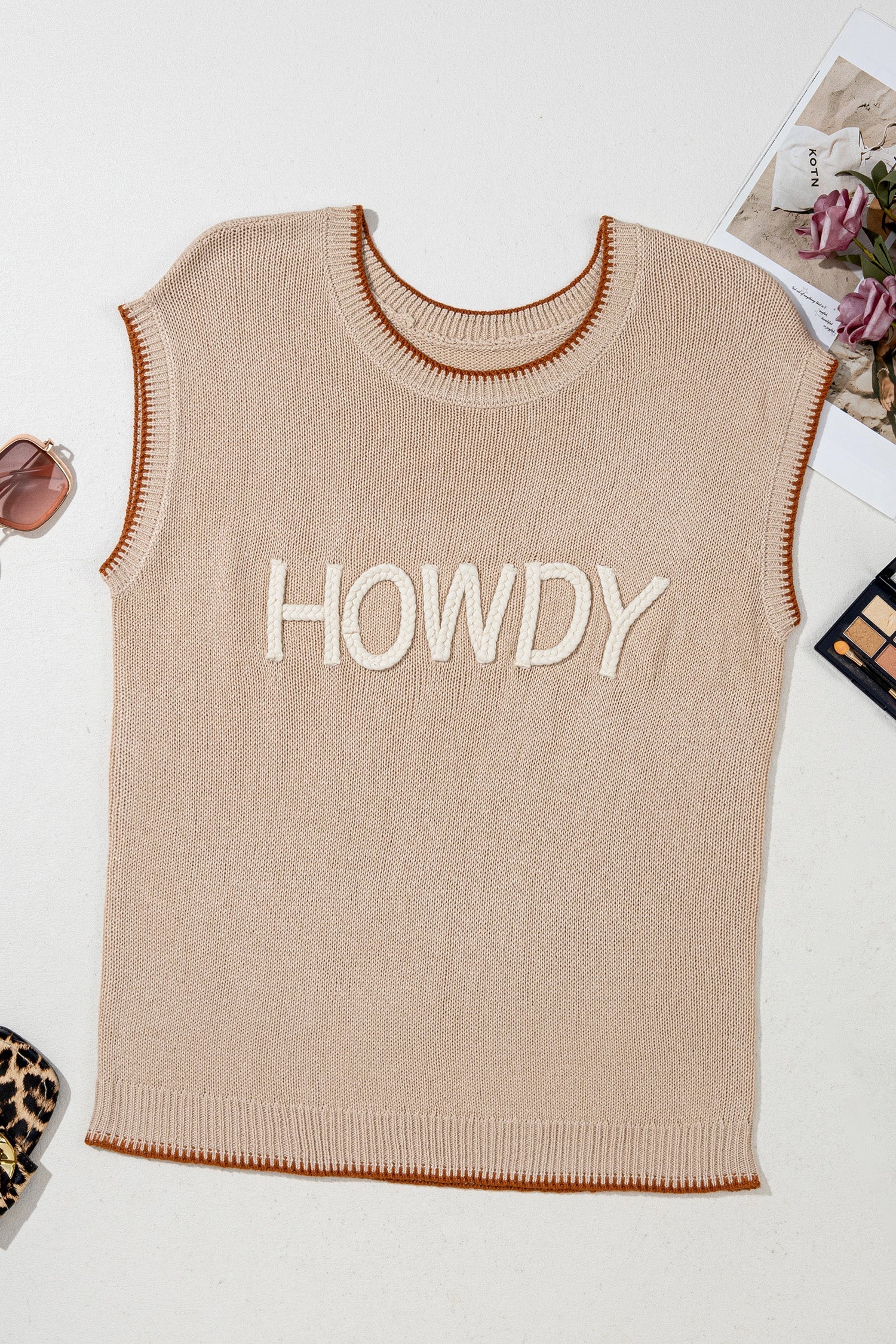 Parchment Contrast Trim Short Sleeve Knit HOWDY Western Sweater