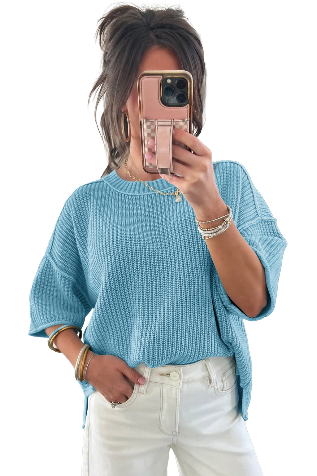 Mist Blue Exposed Seam Detail Half Sleeve Loose Sweater