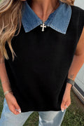 Black Solid Color Knit Contrast Denim Patchwork Collar Sweater Vest