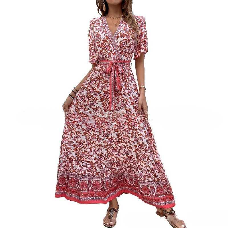 Women's V-Neck Tie-Waist Printed Bohemian Dress Short Sleeve Floral Maxi Dress Summer