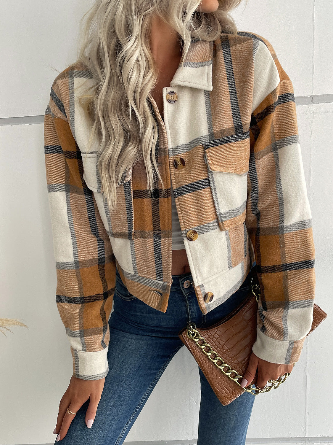 Women Perfee Plaid Button Up Drop Shoulder Cropped Jacket