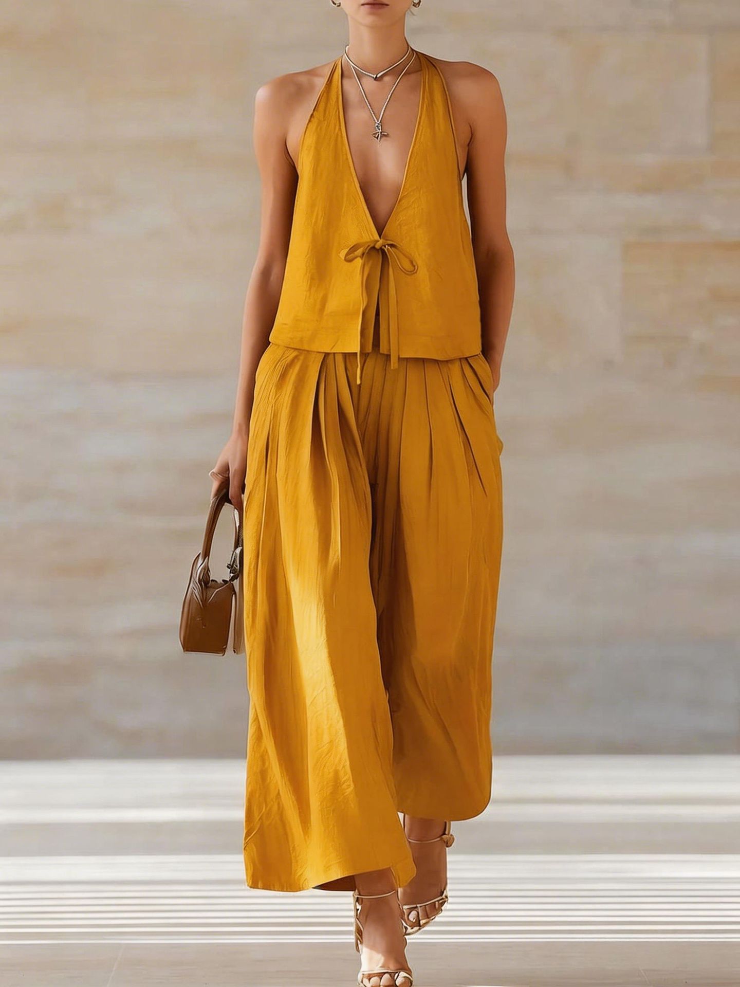 Damen-Set aus ärmelloser Weste und weit geschnittener Hose – 2-teiliges Outfit mit Schnürung