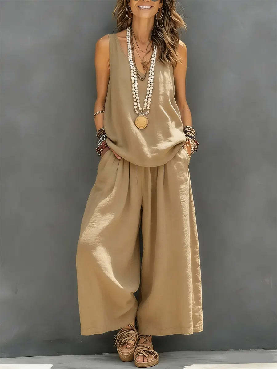Damen-Set aus ärmellosem Tanktop und weiter Hose aus Baumwollleinen