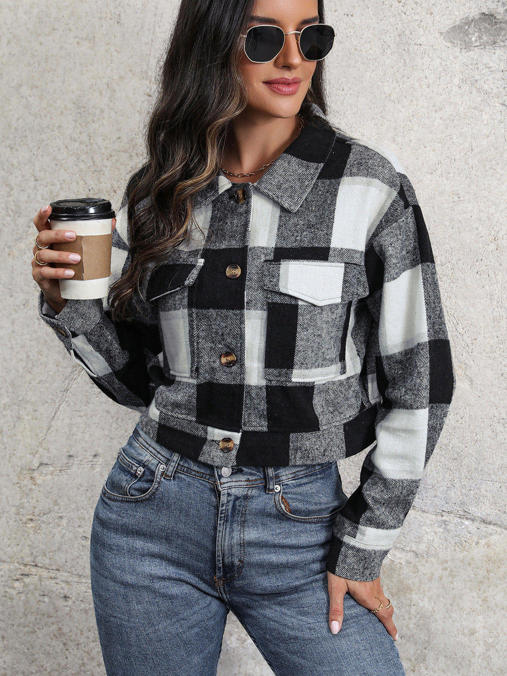 Women Perfee Plaid Button Up Drop Shoulder Cropped Jacket