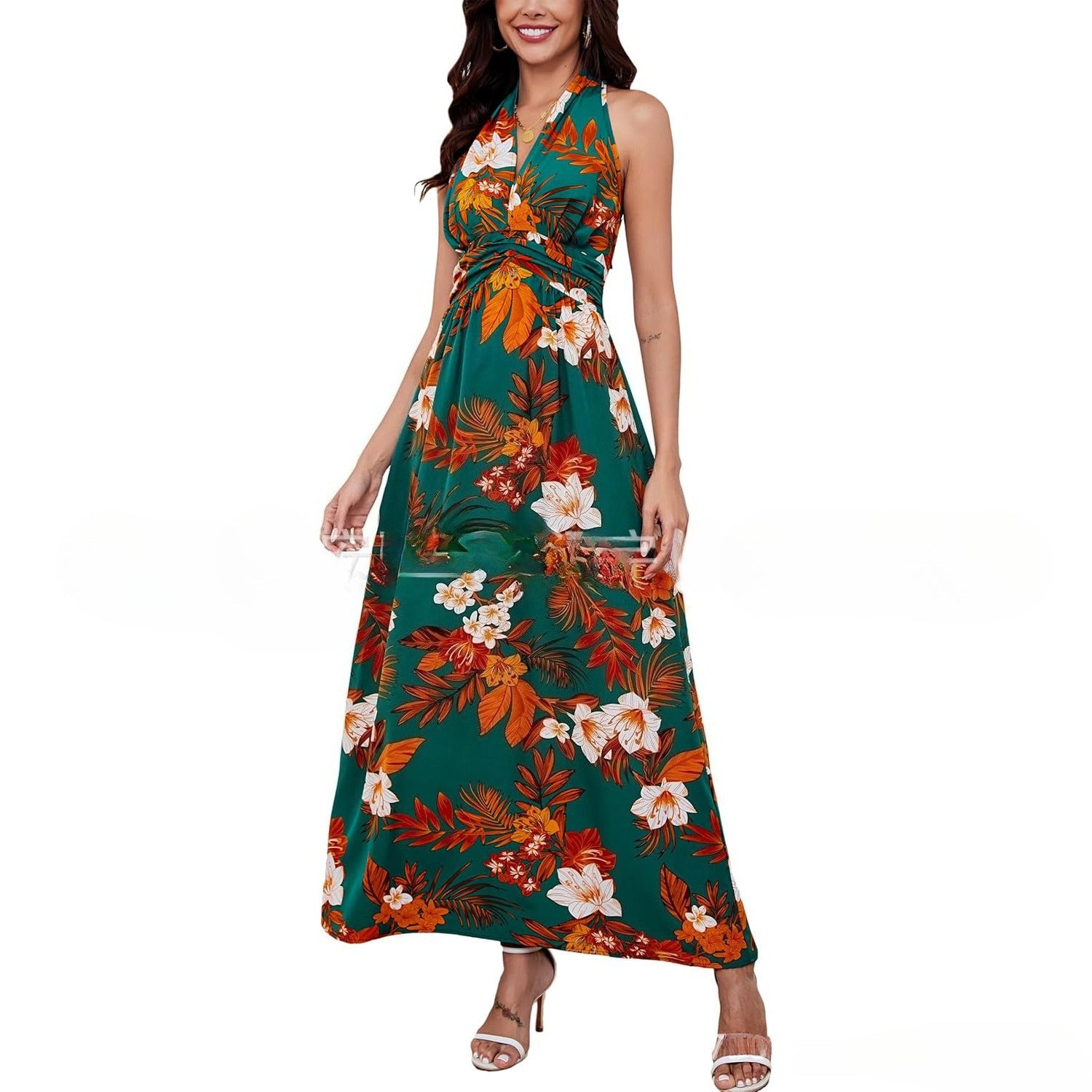 Women's Halter Neck Printed Bohemian Dress Vacation Beach Maxi Dress