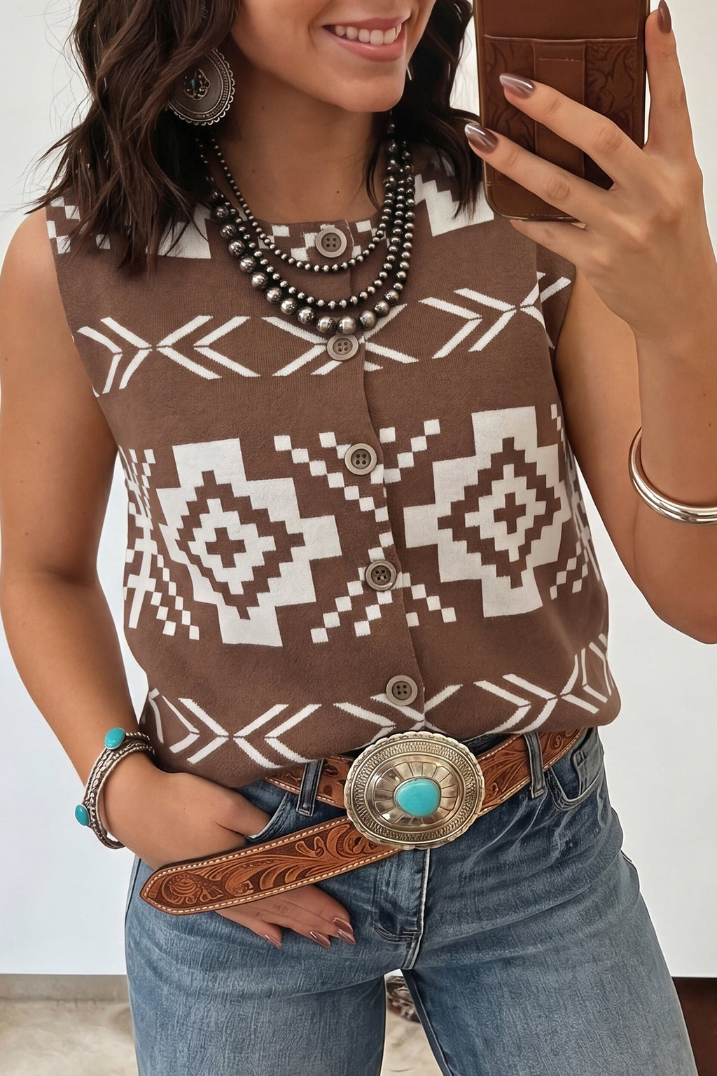 Brown Southwestern Aztec Button Square Neck Sweater Vest