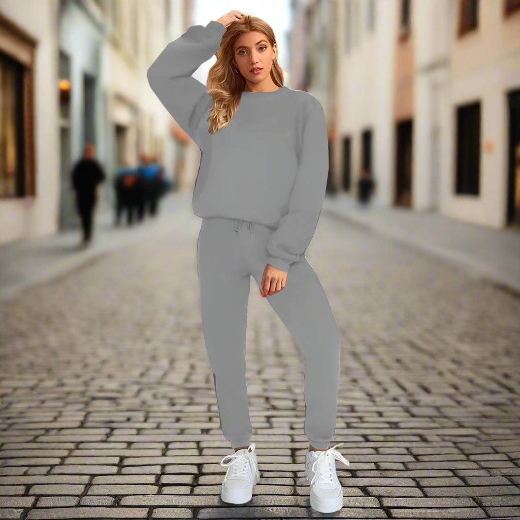 Damen Pullover & Freizeithose Set mit Rundhals und einfarbigem Design