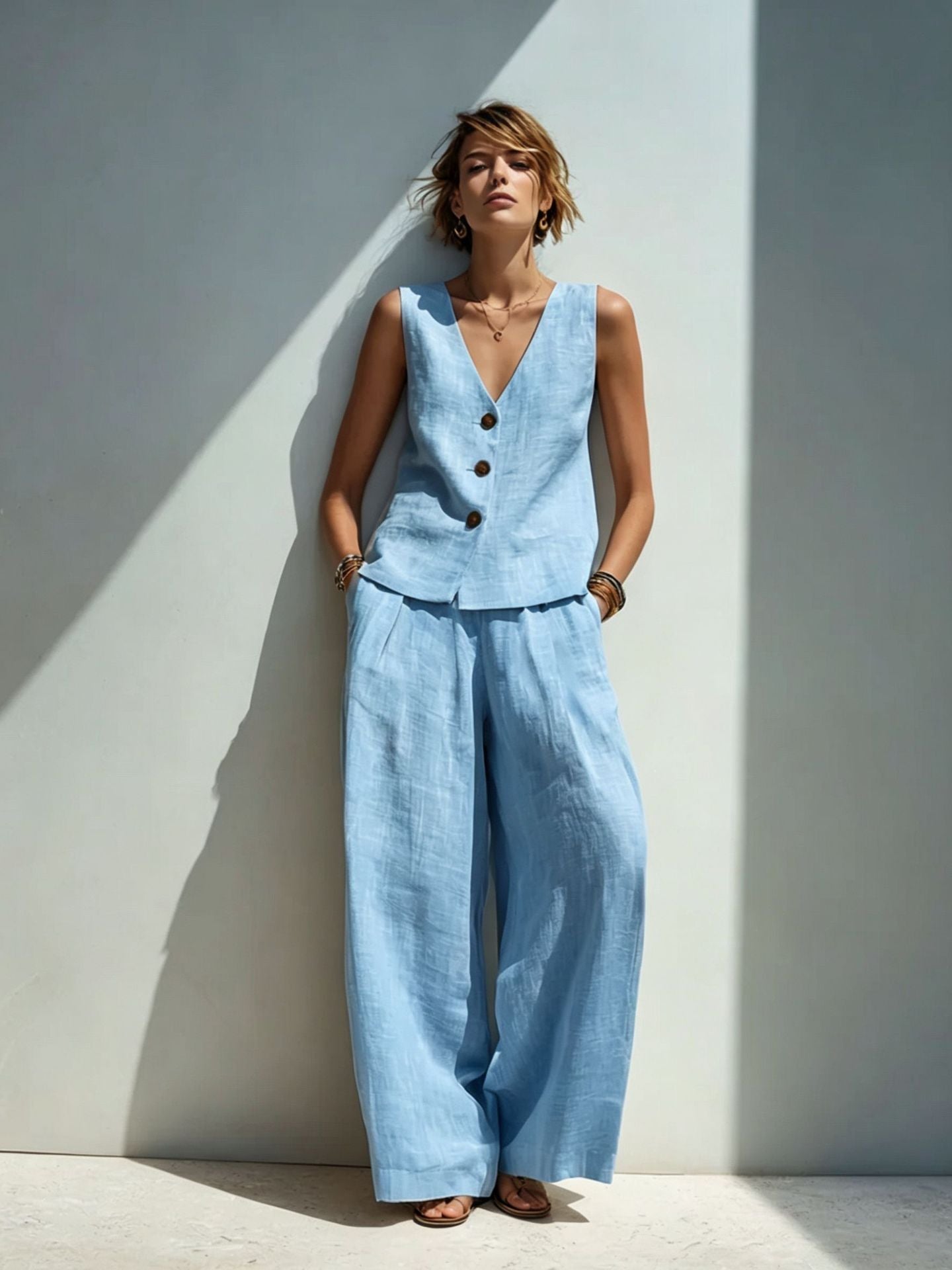 Leinenmischgewebe V-Ausschnitt Westen-Set mit Knöpfen & High-Waist Weite Hose – 5 Farben S–3XL