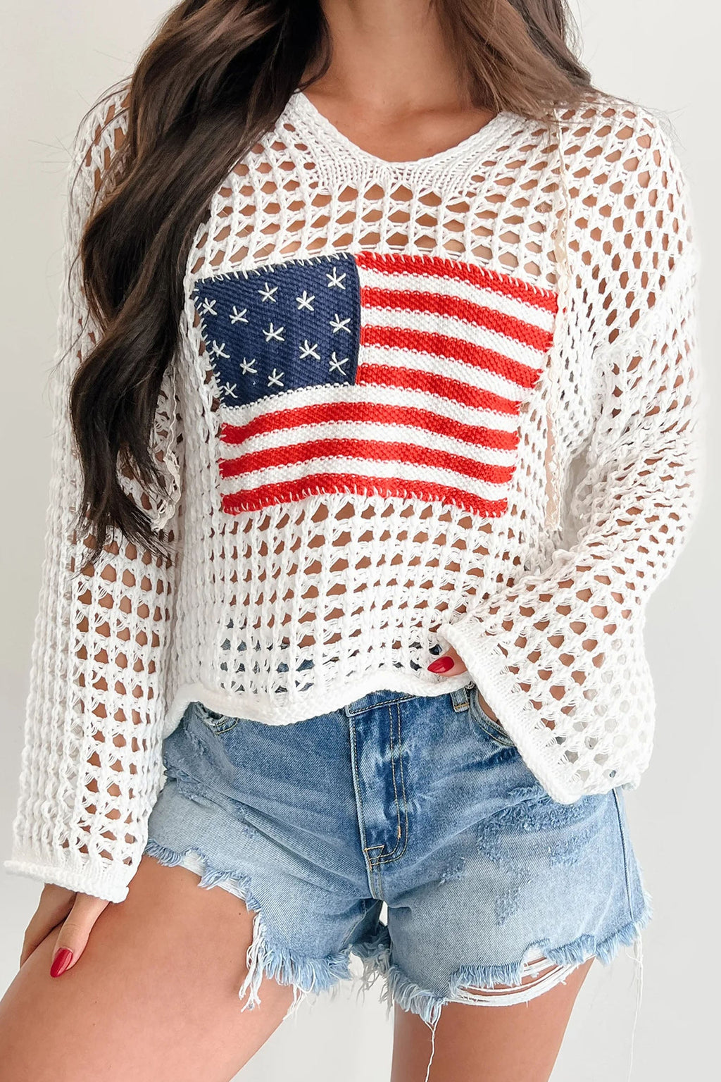 Beau Blue Hollow Out Crochet Knit American Flag Patched Sweater Hoodie