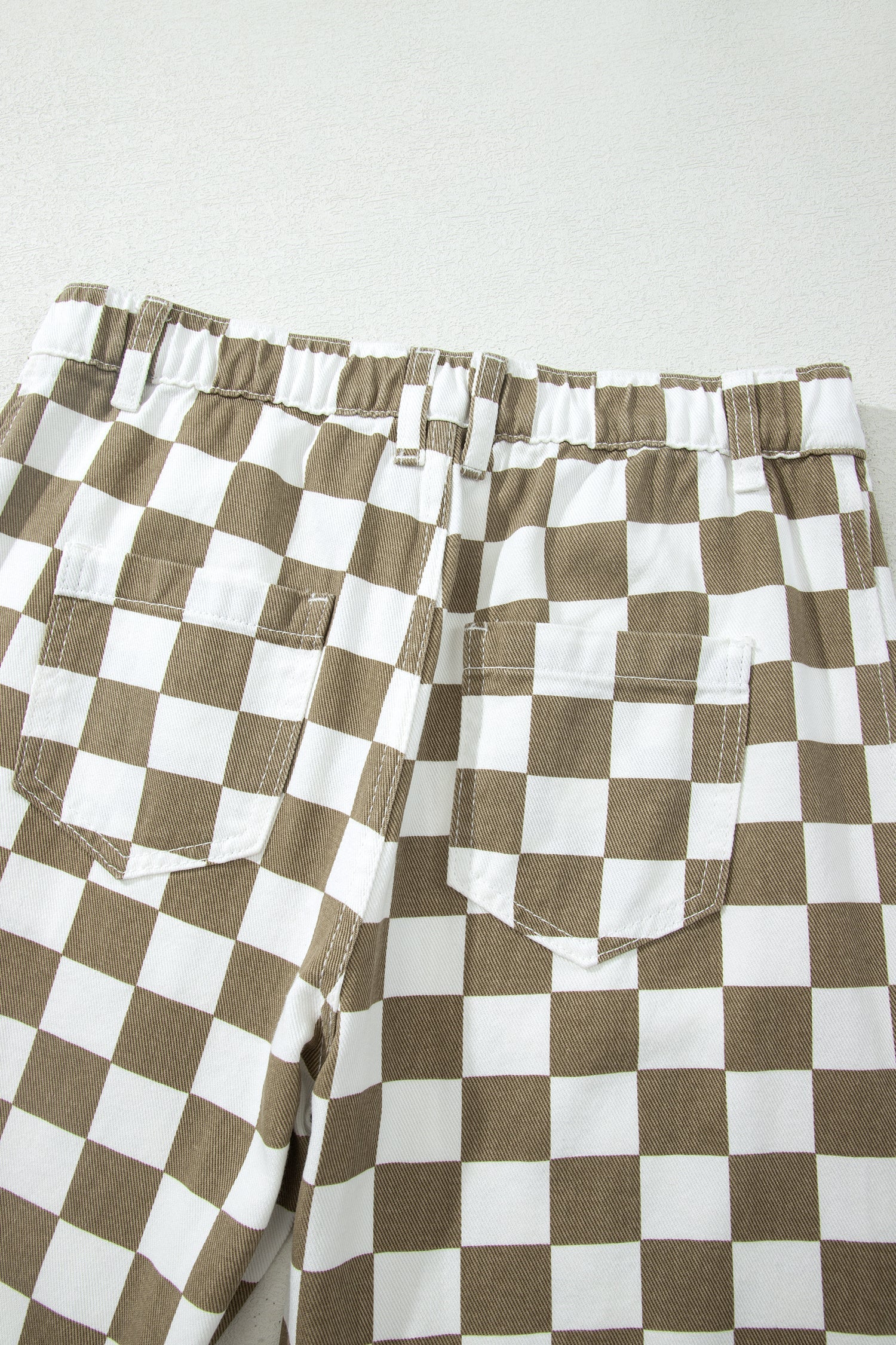 White Checkered Print Denim Barrel Pants