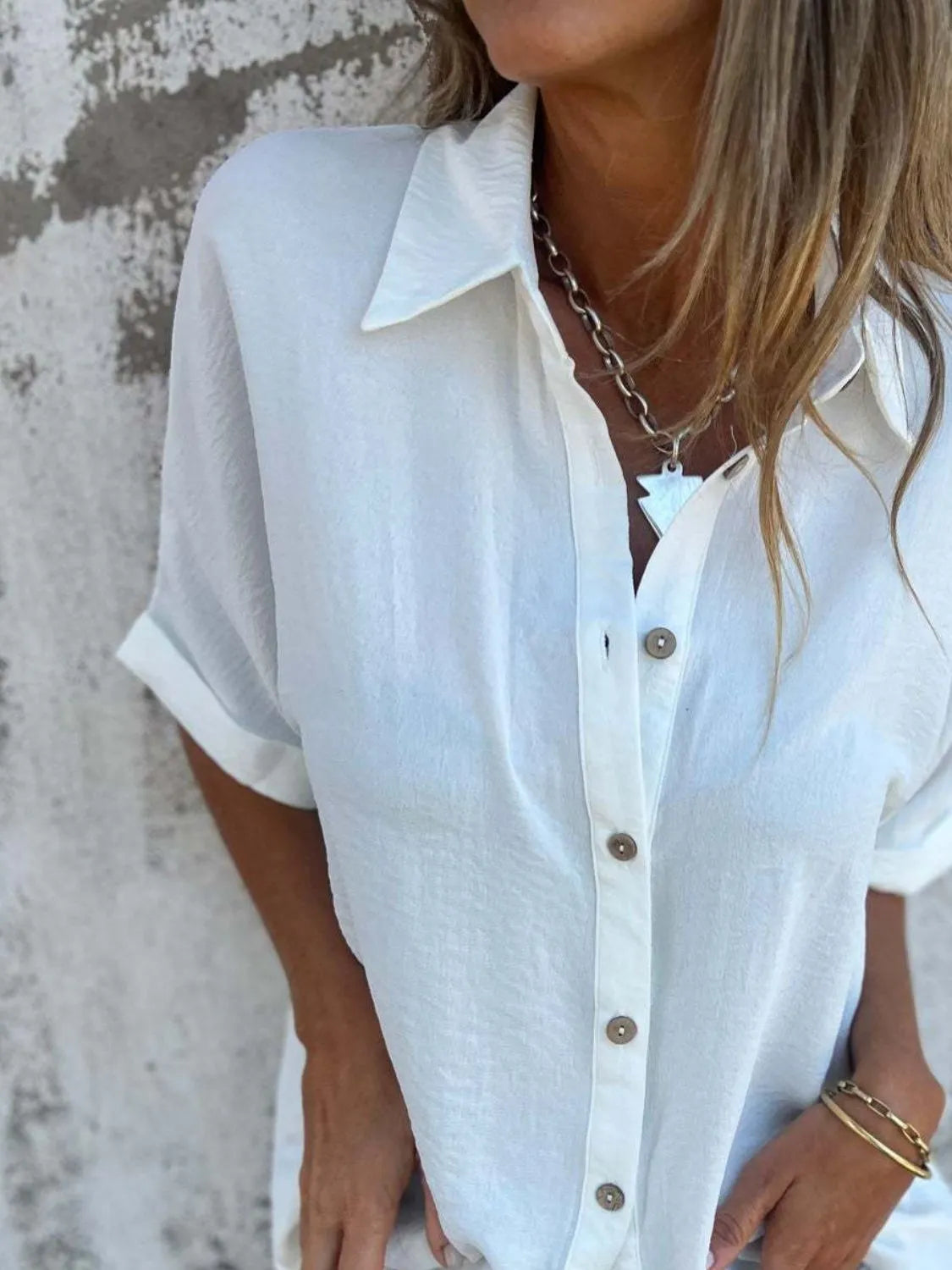 Full Size Collared Neck Half Sleeve Shirt Plus Size
