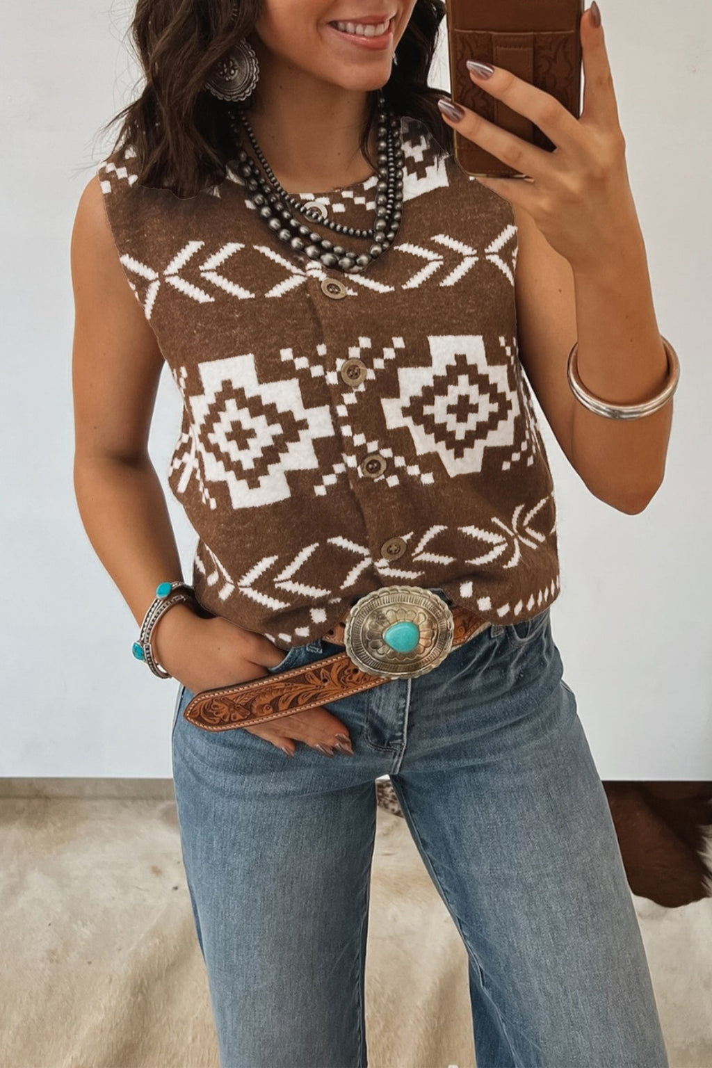 Brown Southwestern Aztec Button Square Neck Sweater Vest