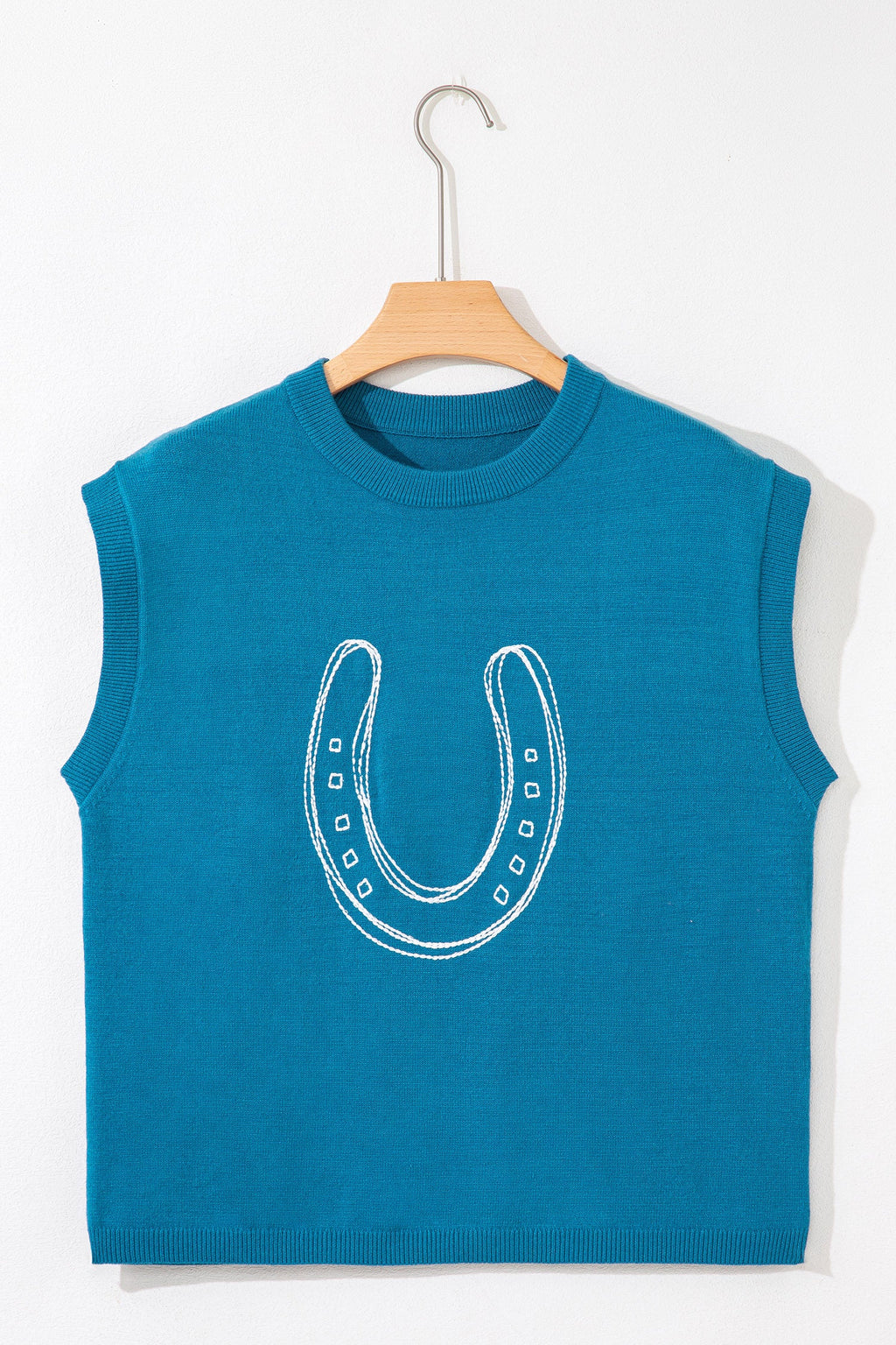 Light Blue Horse Shoe Embroidered Loose Short Sleeve Sweater