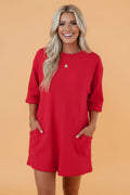 Solid Raw Edge 3/4 Sleeve Pocketed Loose Romper