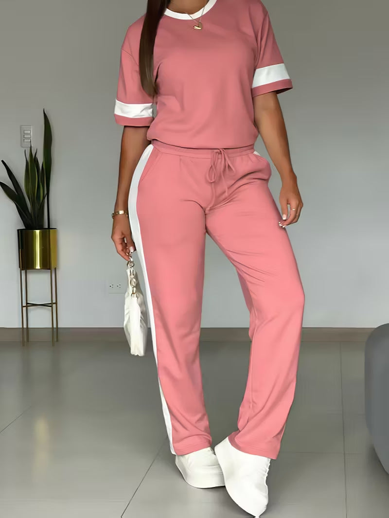 Damen Color-Block Kontrast Zweiteiler – Oberteil & Hose Set