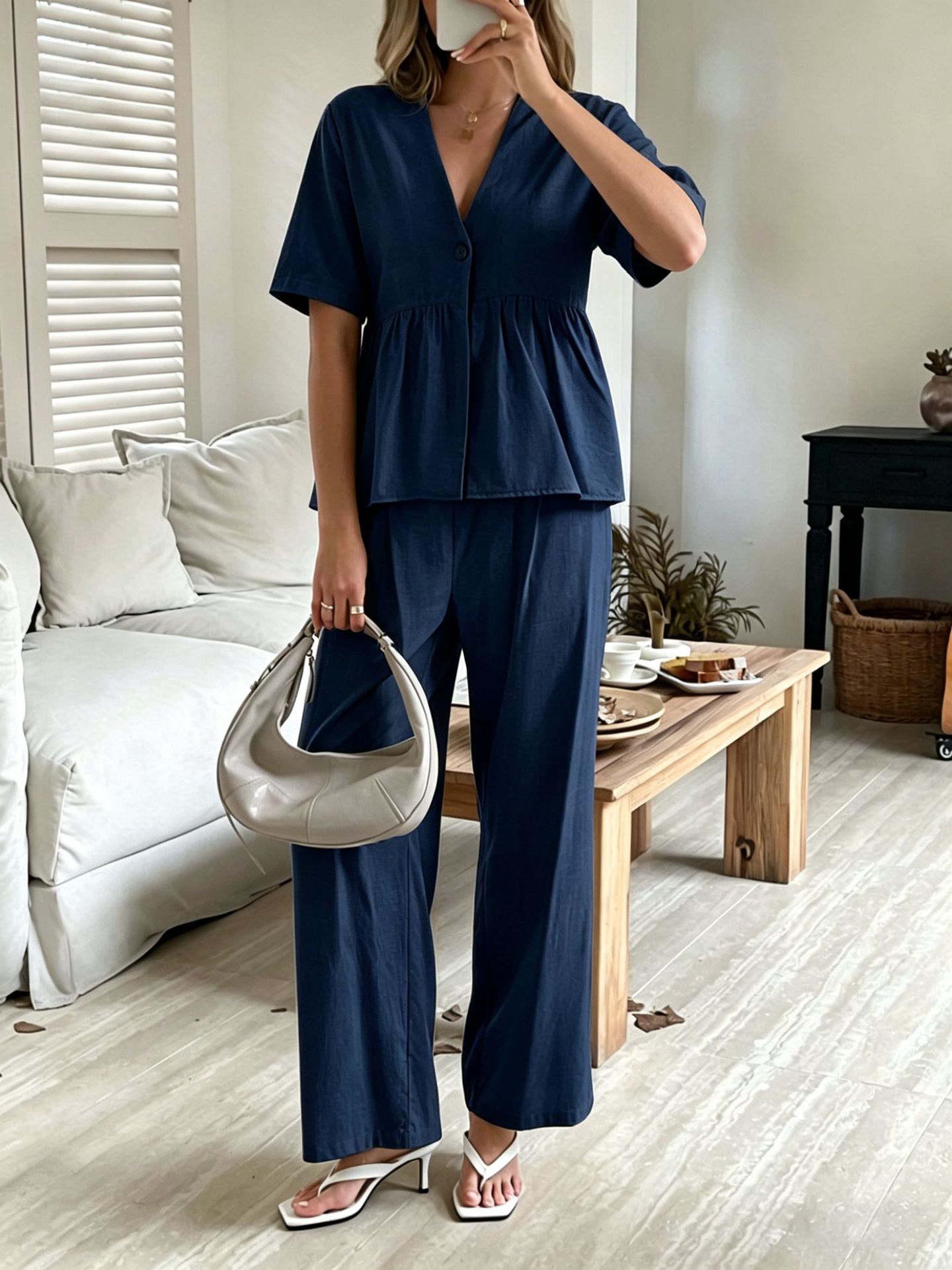 Damen-Set aus lockerem V-Ausschnitt-Oberteil mit kurzen Ärmeln und Hose mit weitem Bein