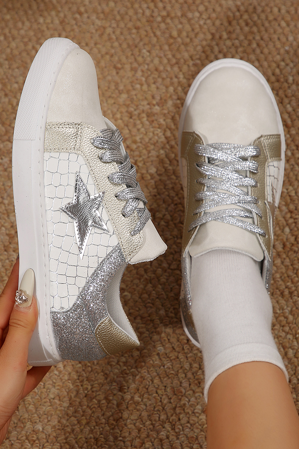 Gold Glitter Star Patchwork PU Leather Lace-up Sneakers