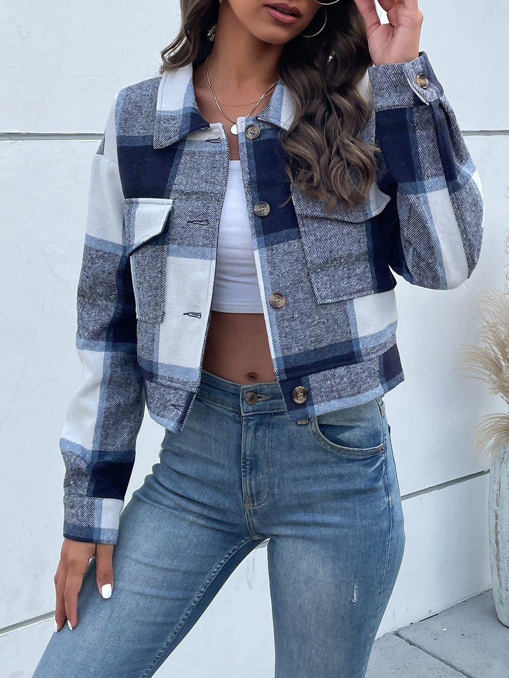 Women Perfee Plaid Button Up Drop Shoulder Cropped Jacket