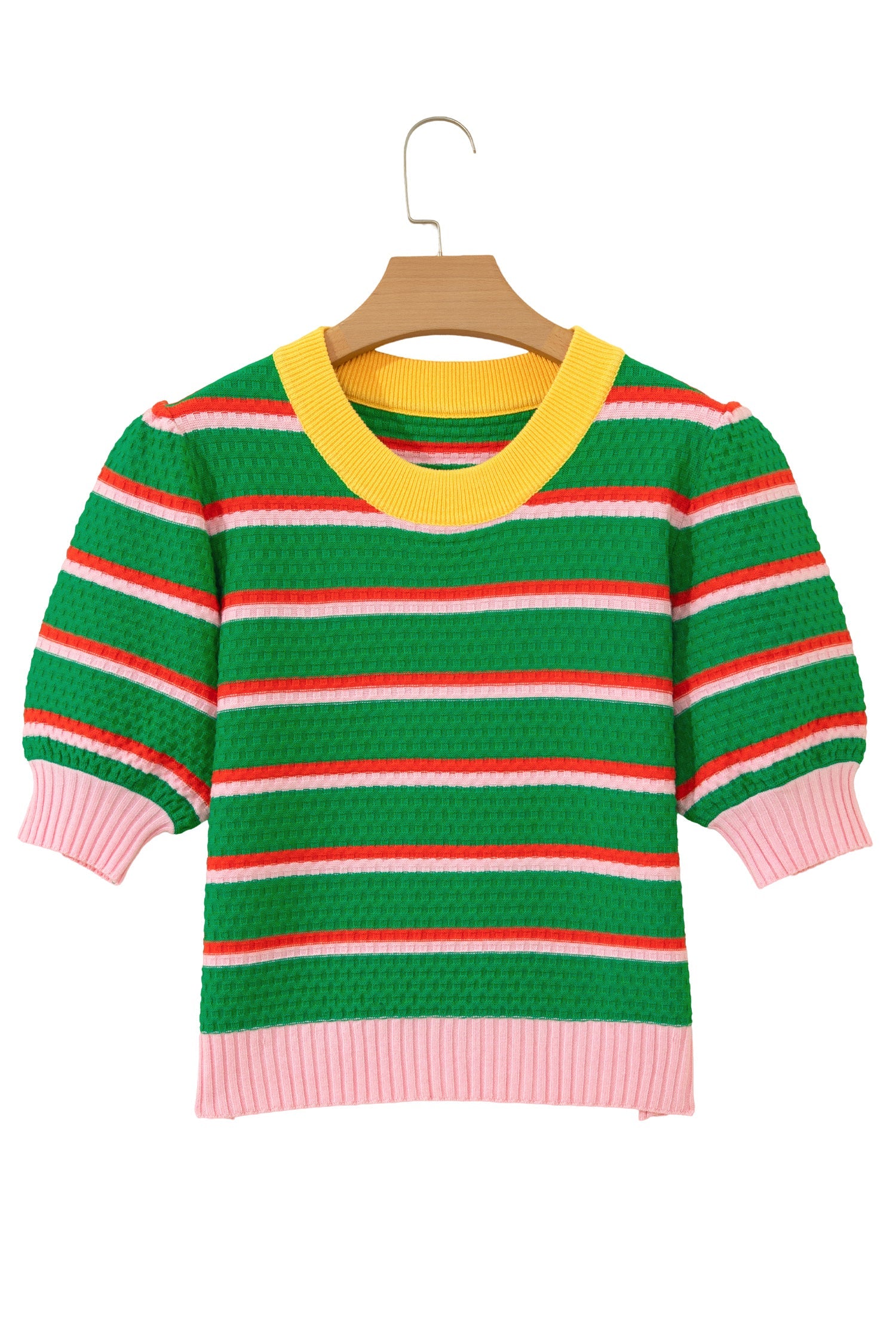 Green Stripe Colorblock Trim Half Sleeve Sweater Top