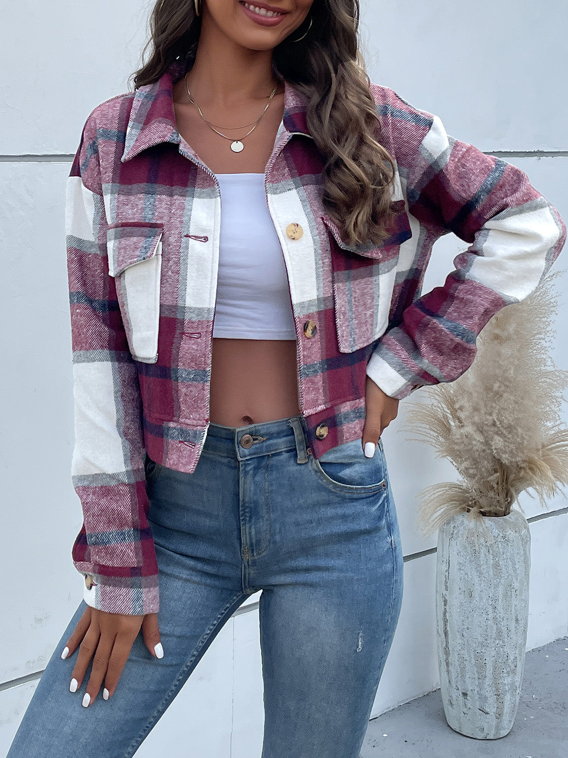 Women Perfee Plaid Button Up Drop Shoulder Cropped Jacket