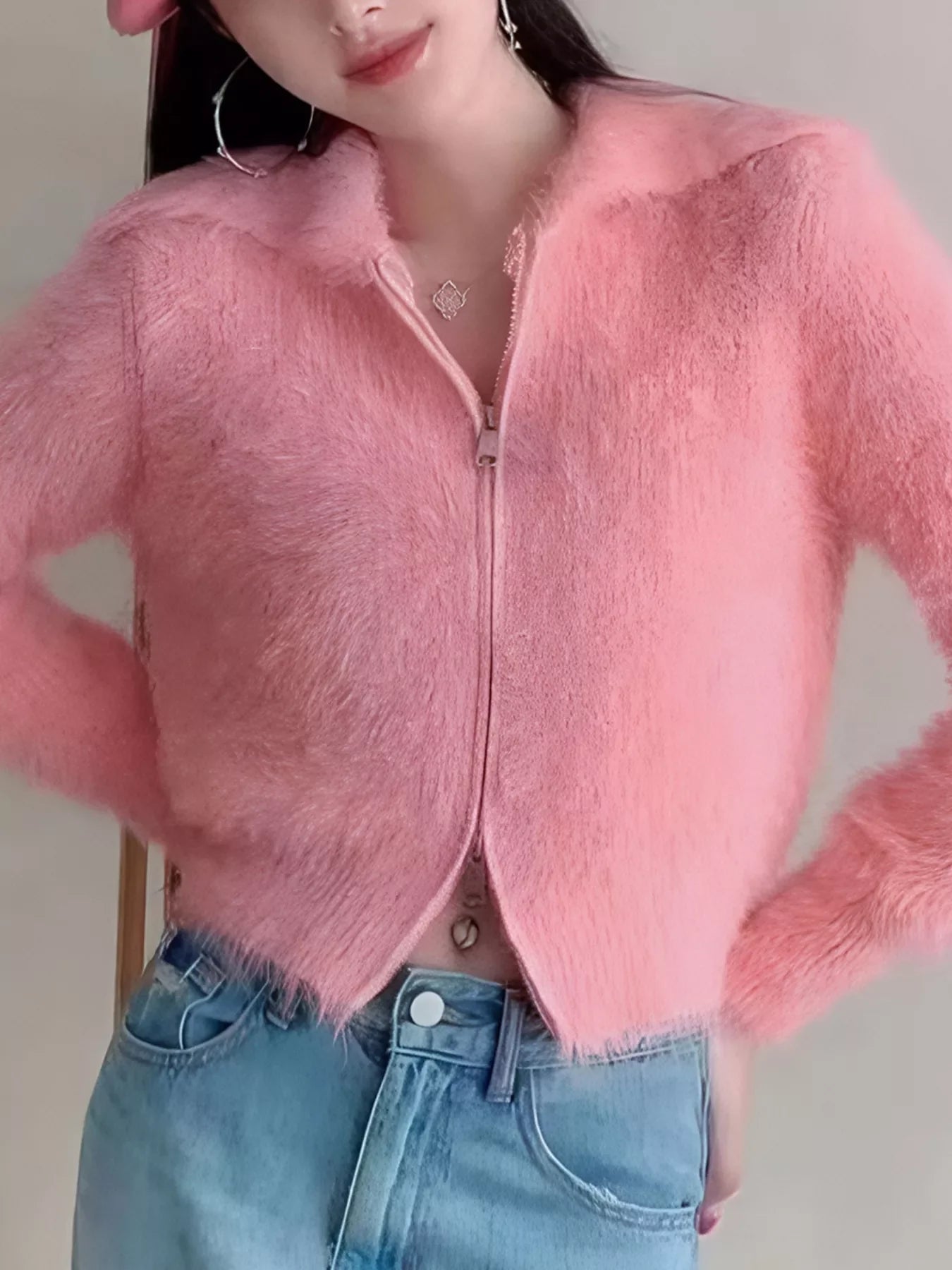 Fluffy Knit Zip-Up Outerwear