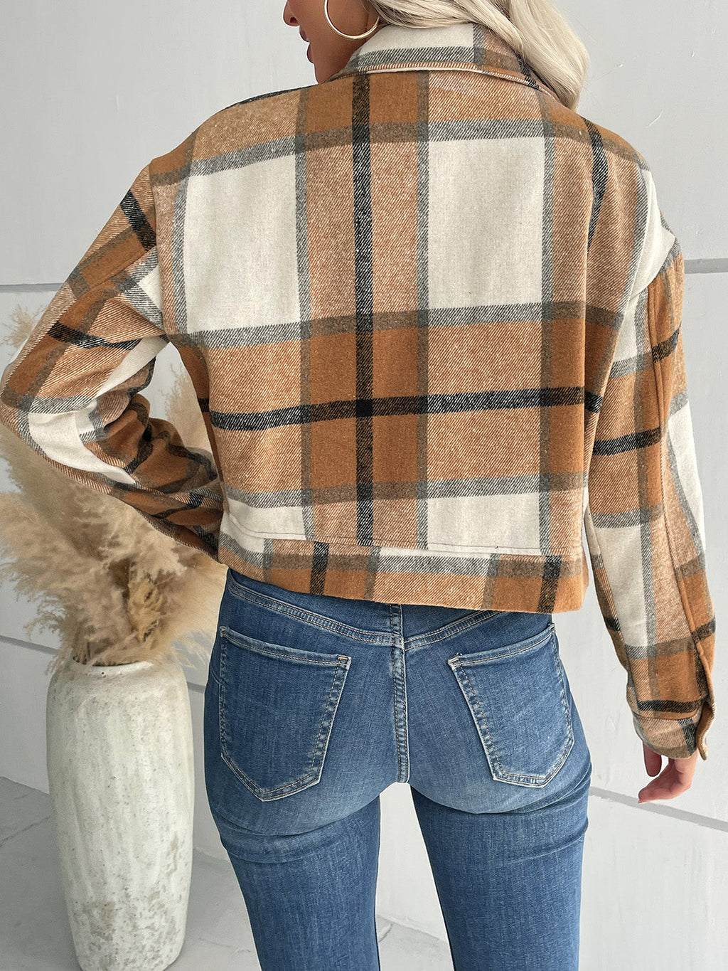 Women Perfee Plaid Button Up Drop Shoulder Cropped Jacket