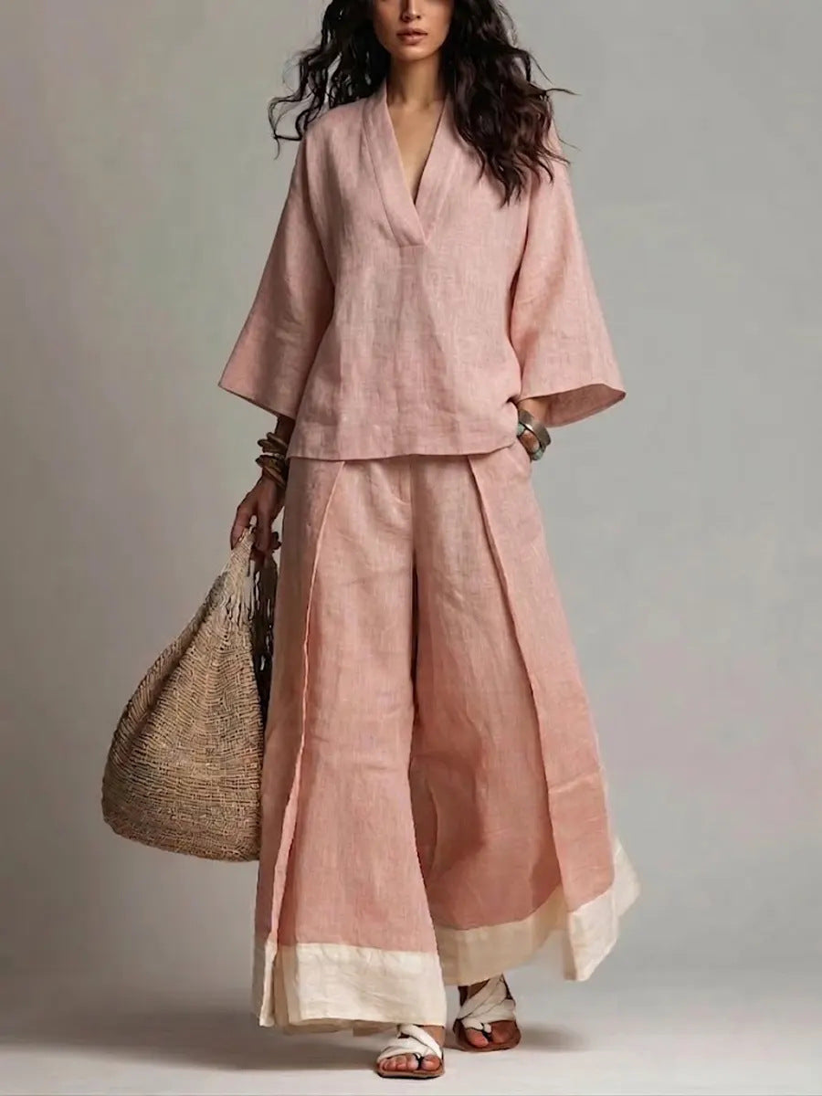 Damen-Set aus Baumwoll-Leinen-Shirt mit V-Ausschnitt und 3/4-Ärmeln und Hose mit weitem Bein