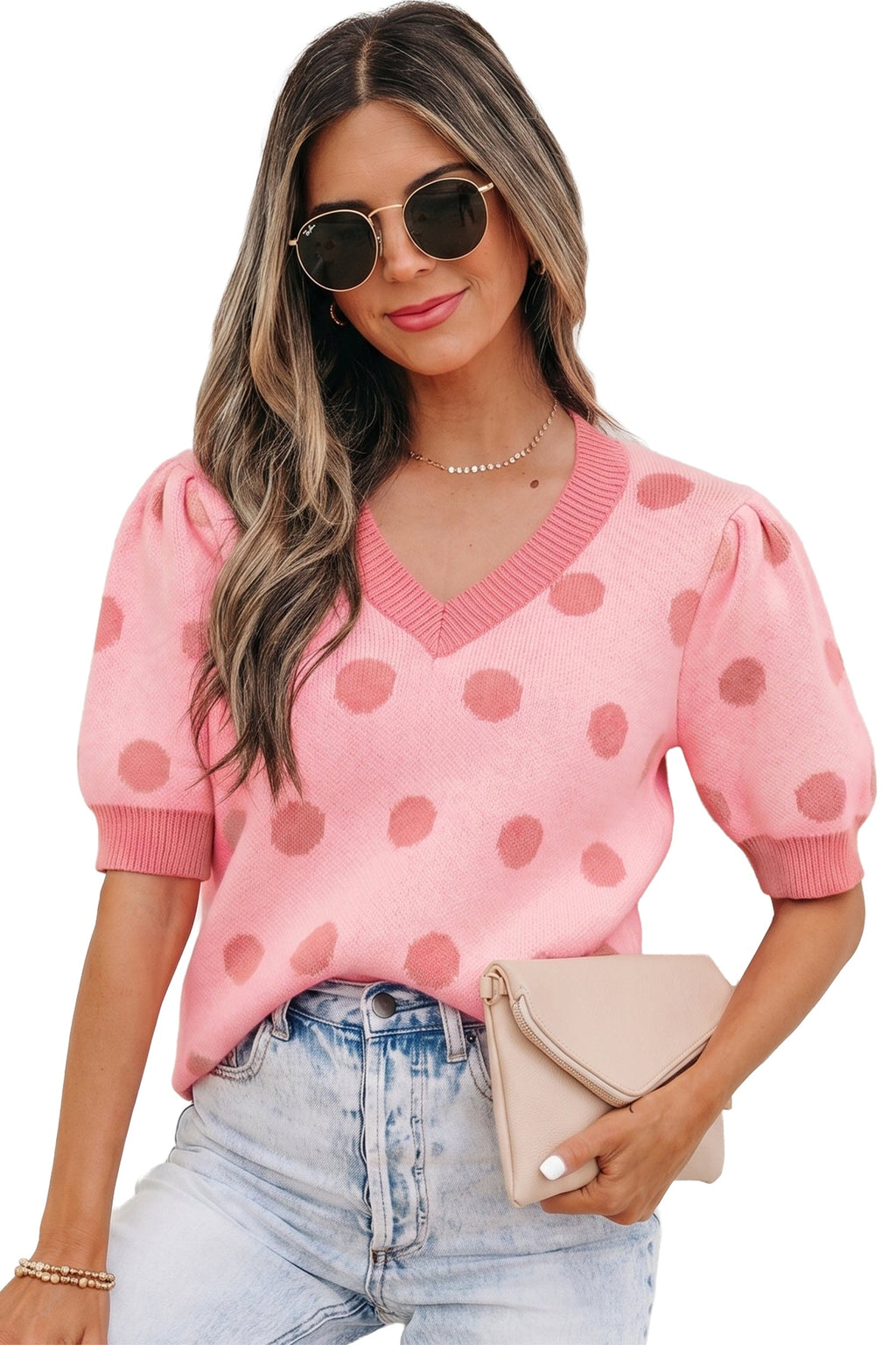 Rose Red Polka Dot Puff Short Sleeve Sweater Top