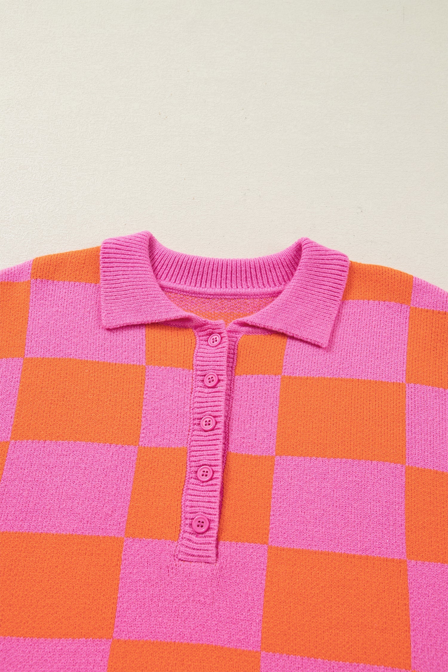 Sachet Pink Checkered Knit Polo Collar Baggy Sweater