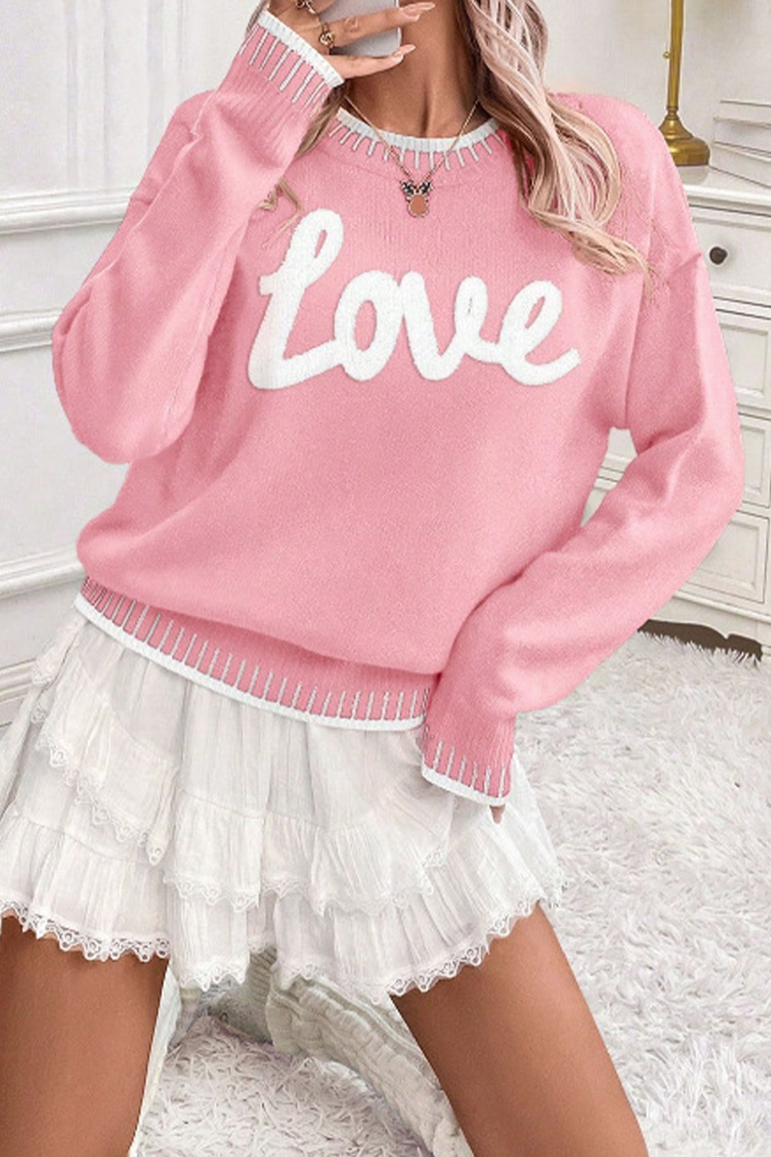 Pink Valentine Love Chenille Letter Graphic Sweater