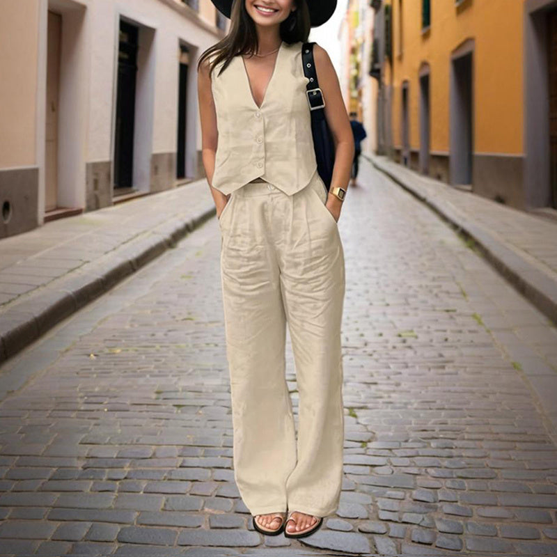 Damen-V-Ausschnitt-Weste mit Knopfleiste & Hose mit hoher Taille Set