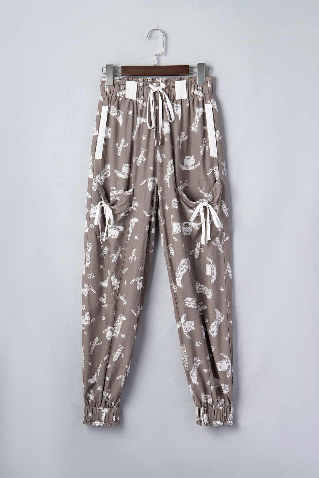 Khaki Western Cactus Cowgirl Hat Boot Printed Vintage Drawstring Jogger Pants