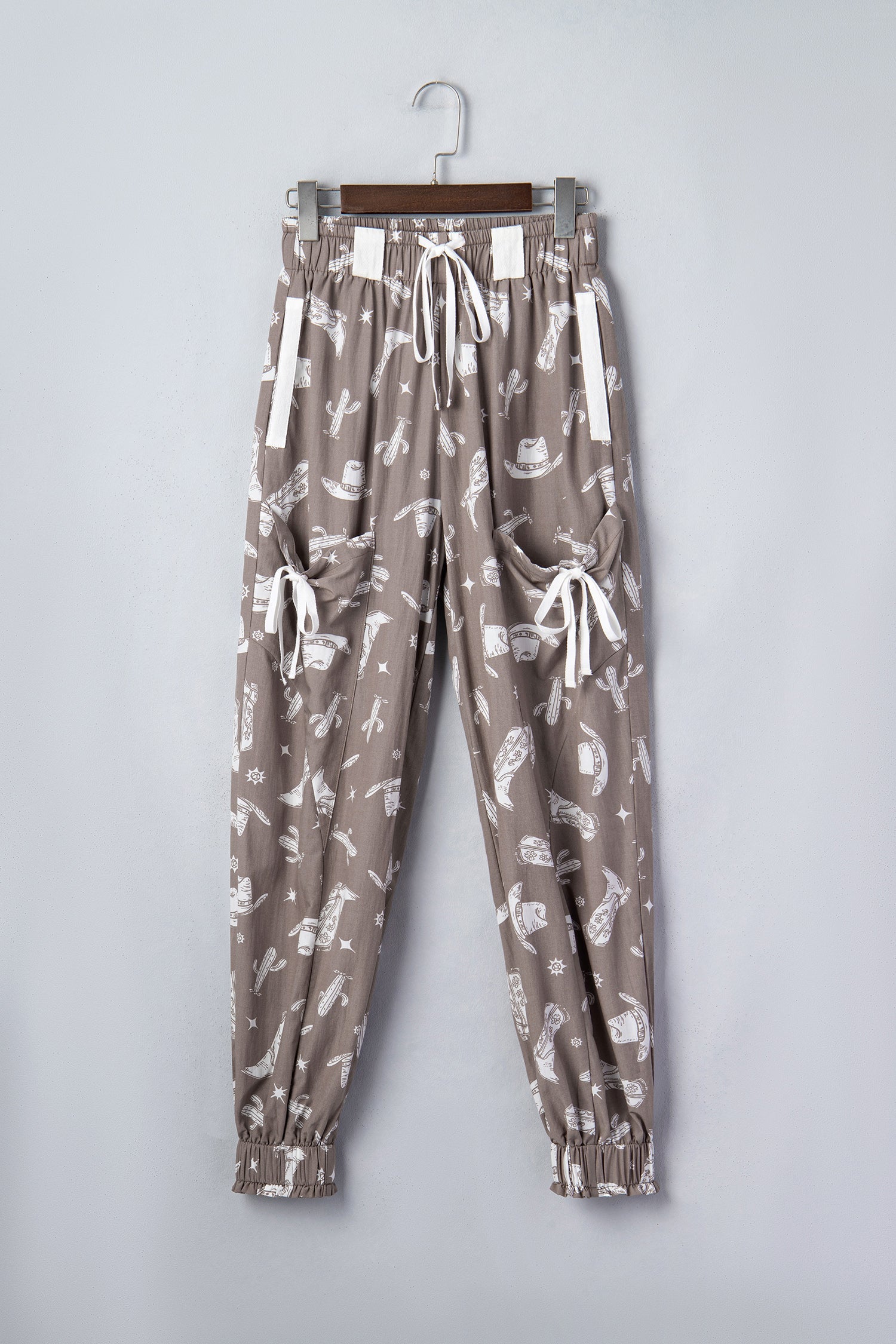 Khaki Western Cactus Cowgirl Hat Boot Printed Vintage Drawstring Jogger Pants