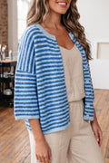 Blue Stripe Loose Half Sleeve Knit Button Down Sweater Cardigan