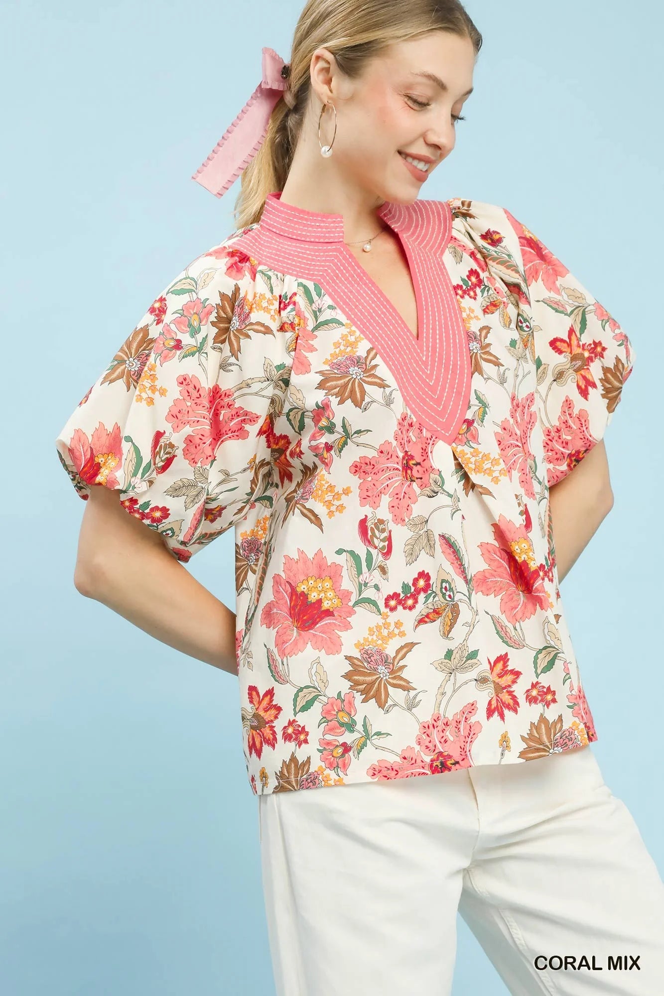 Umgee Mix Floral Puff Sleeve Blouse in Coral