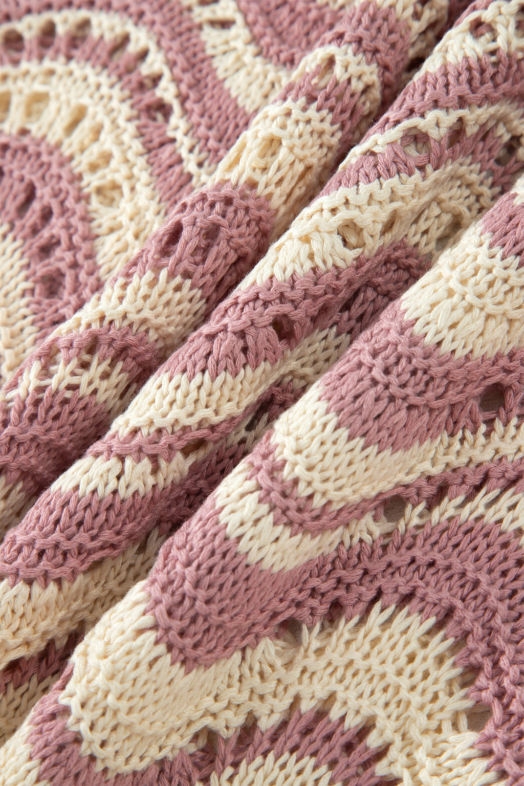 Beige Stripe Wavy Crochet Eyelet Detail Ruffle Half Sleeve Sweater