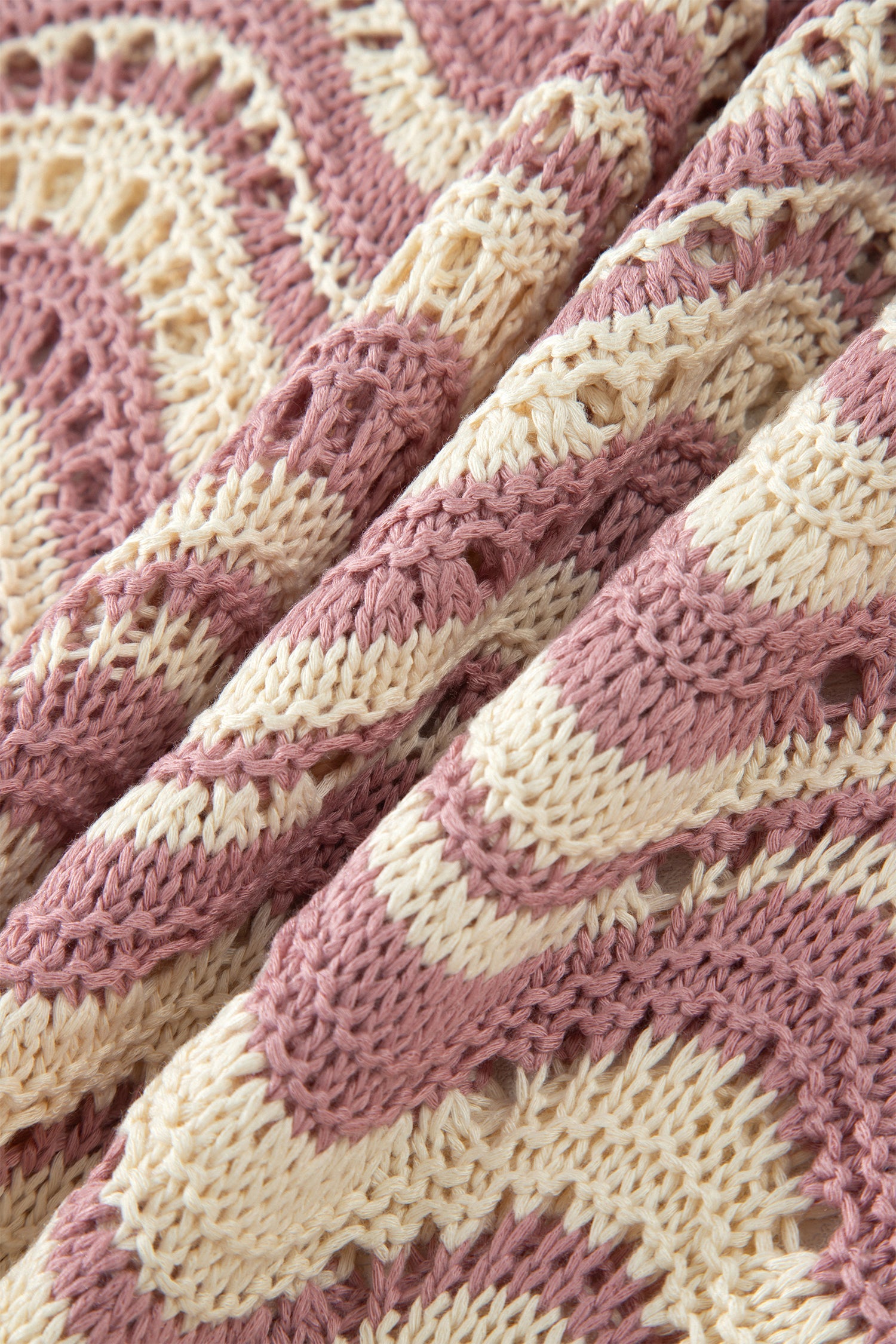 Beige Stripe Wavy Crochet Eyelet Detail Ruffle Half Sleeve Sweater