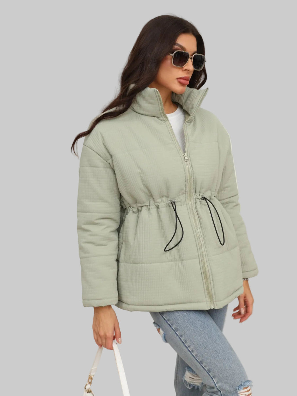 Women Drawstring Waist Zip-Up Puffer Jacket