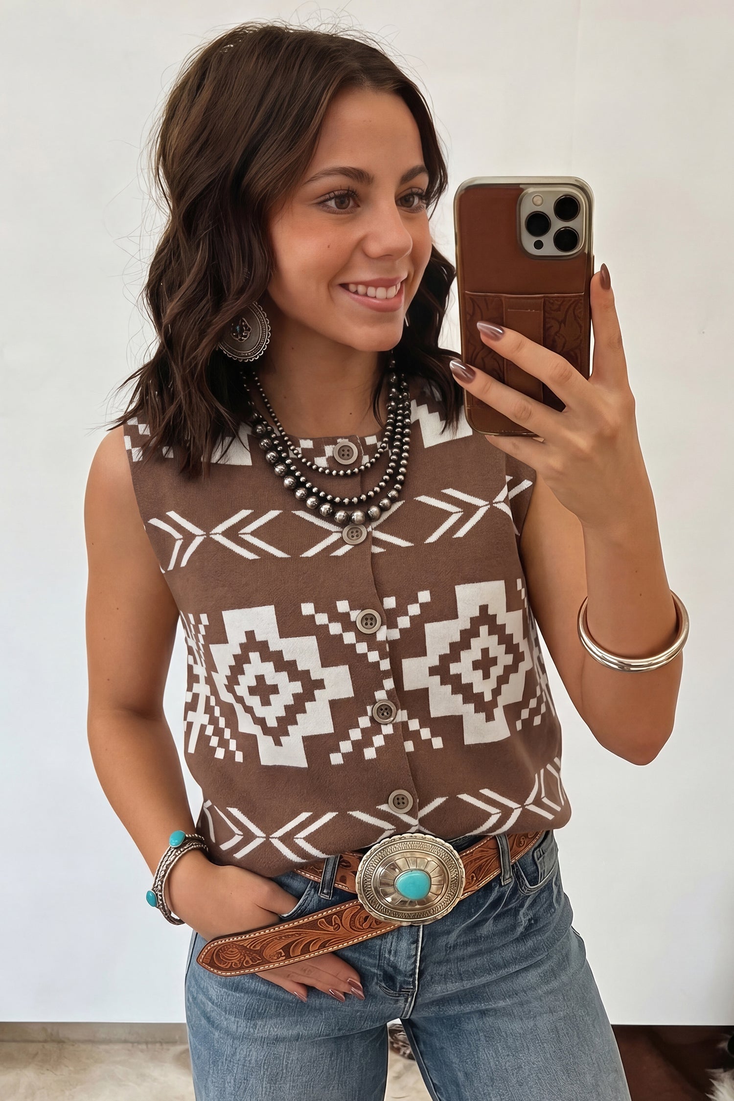 Brown Southwestern Aztec Button Square Neck Sweater Vest