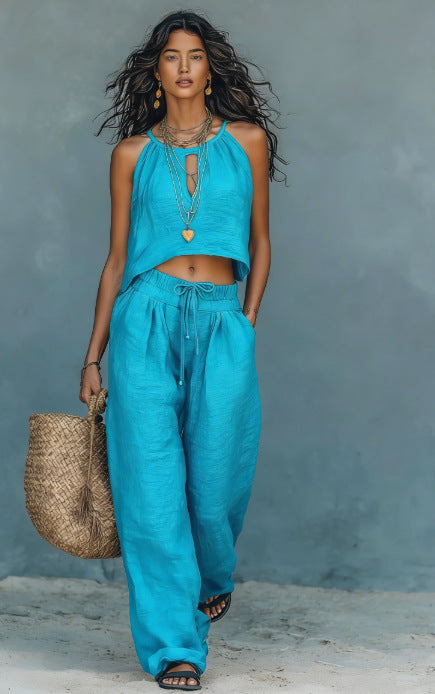 Ärmelloses Tanktop & weite Hose für Damen – zweiteiliges Sommer-Set aus Leinenmischung
