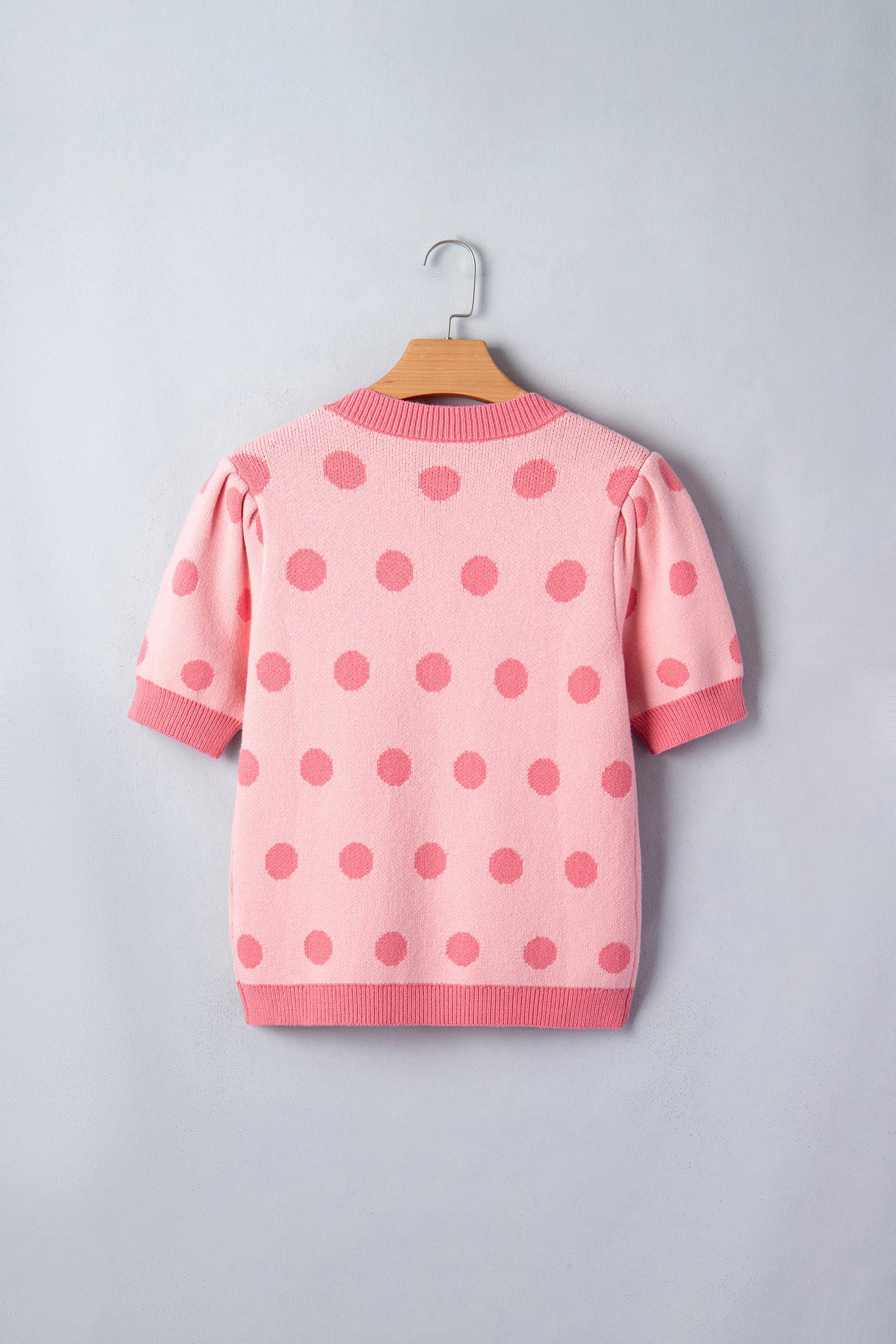 Rose Red Polka Dot Puff Short Sleeve Sweater Top