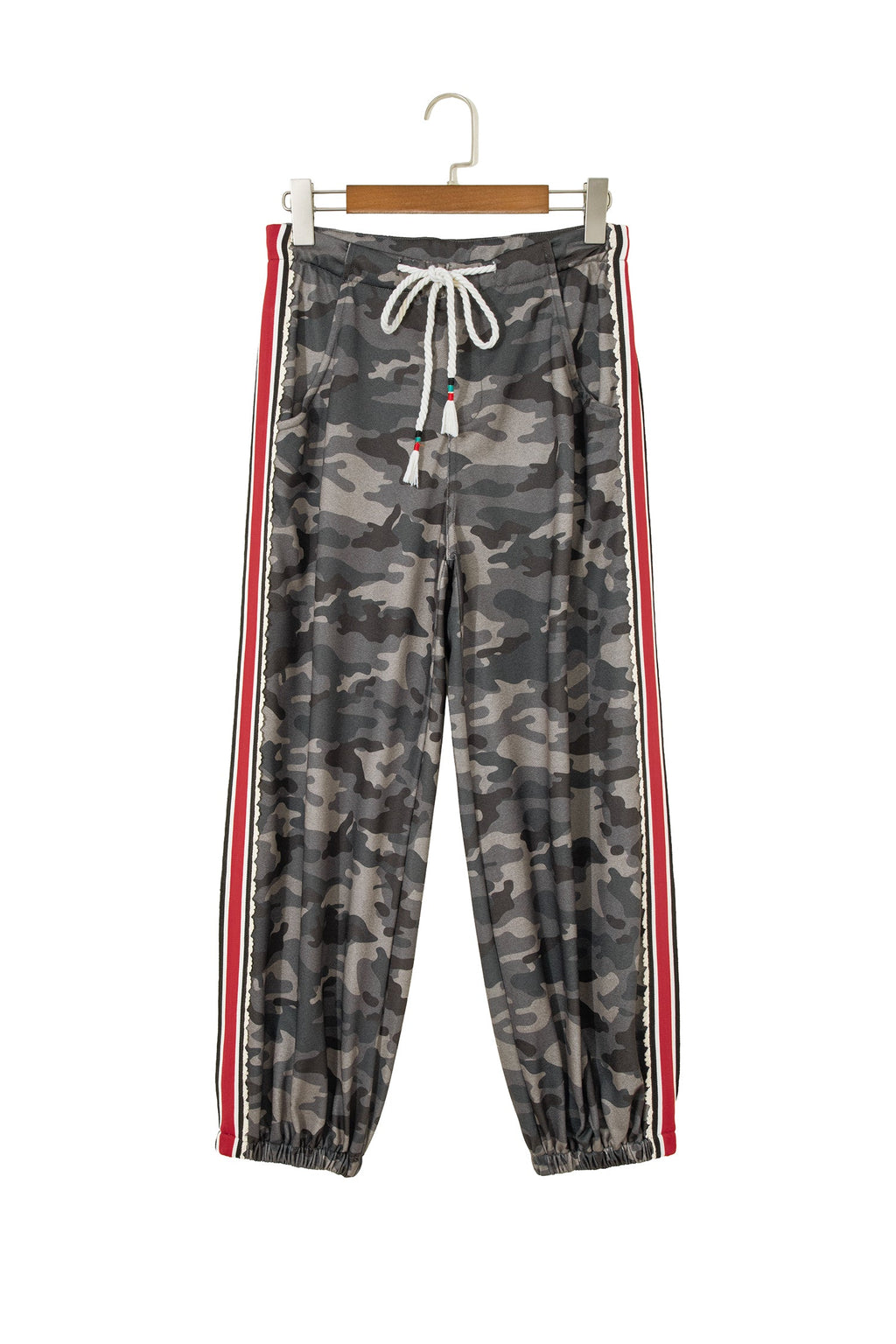Green Camouflage Print Striped Side Panel Patchwork Drawstring Pants