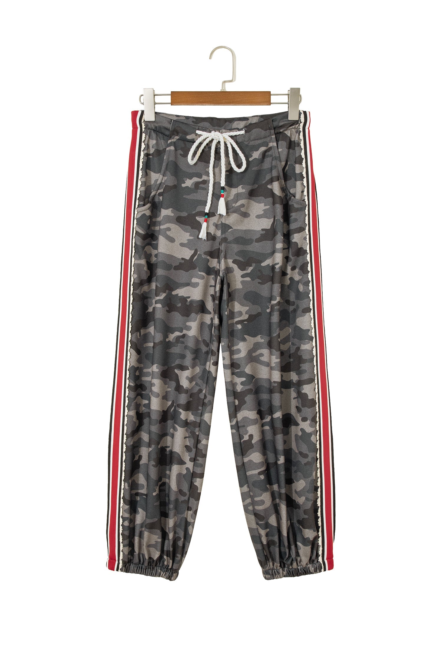 Green Camouflage Print Striped Side Panel Patchwork Drawstring Pants