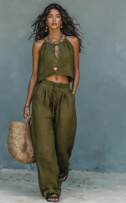 Ärmelloses Tanktop & weite Hose für Damen – zweiteiliges Sommer-Set aus Leinenmischung
